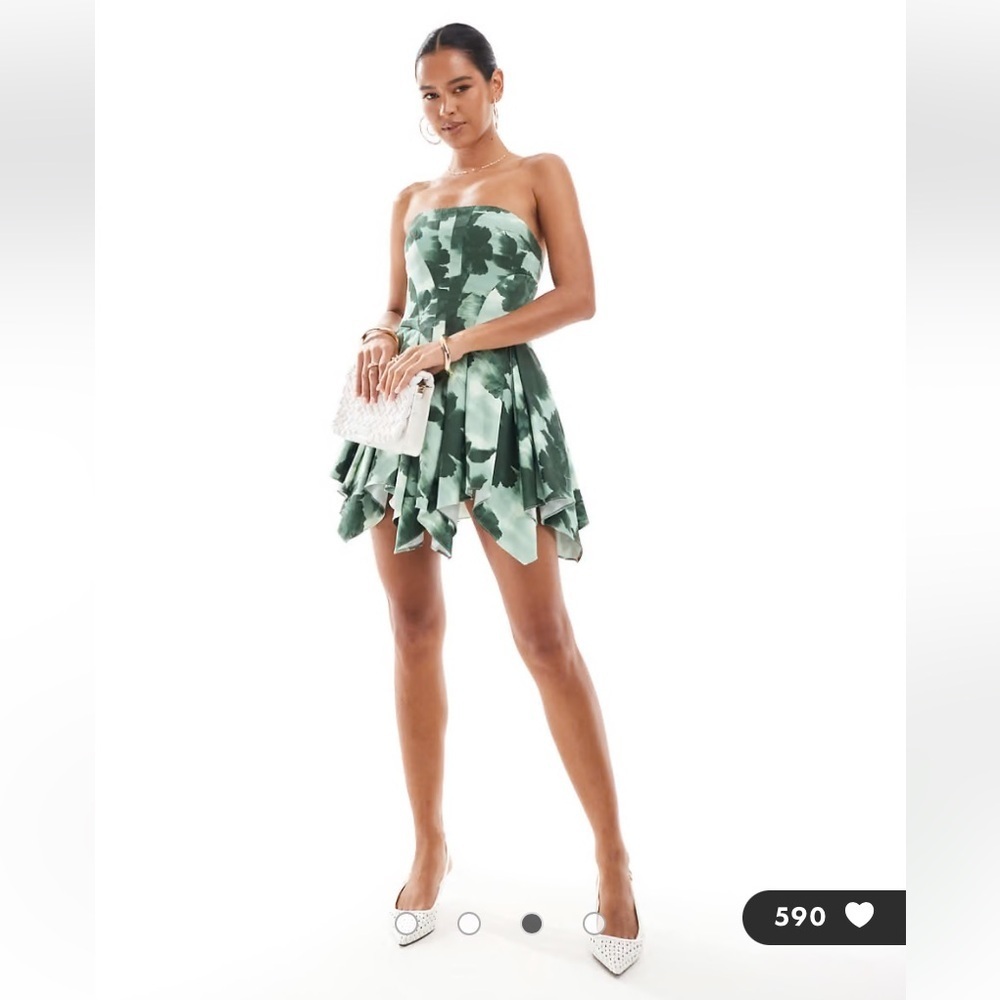 ASOS DESIGN structured bandeau mini dress with full skirt in green floral print